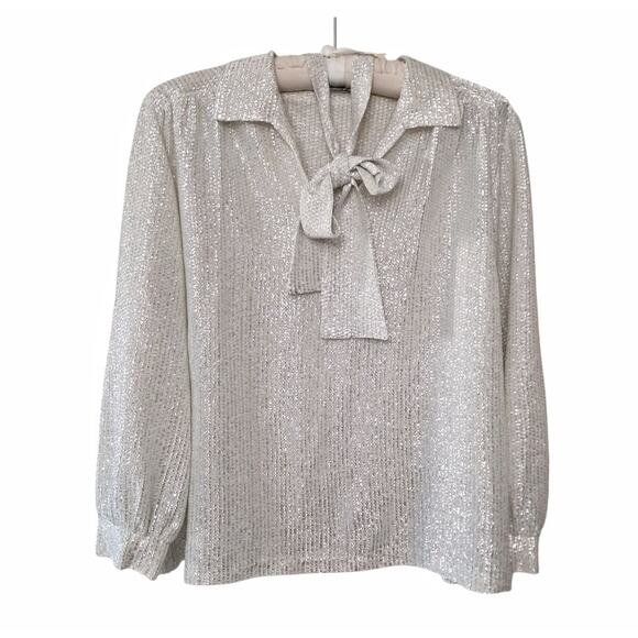 MY KINDA GAL Vintage Metallic Top Size 10 Silver Cream Loose Fit Blouse Belt - Picture 3 of 13